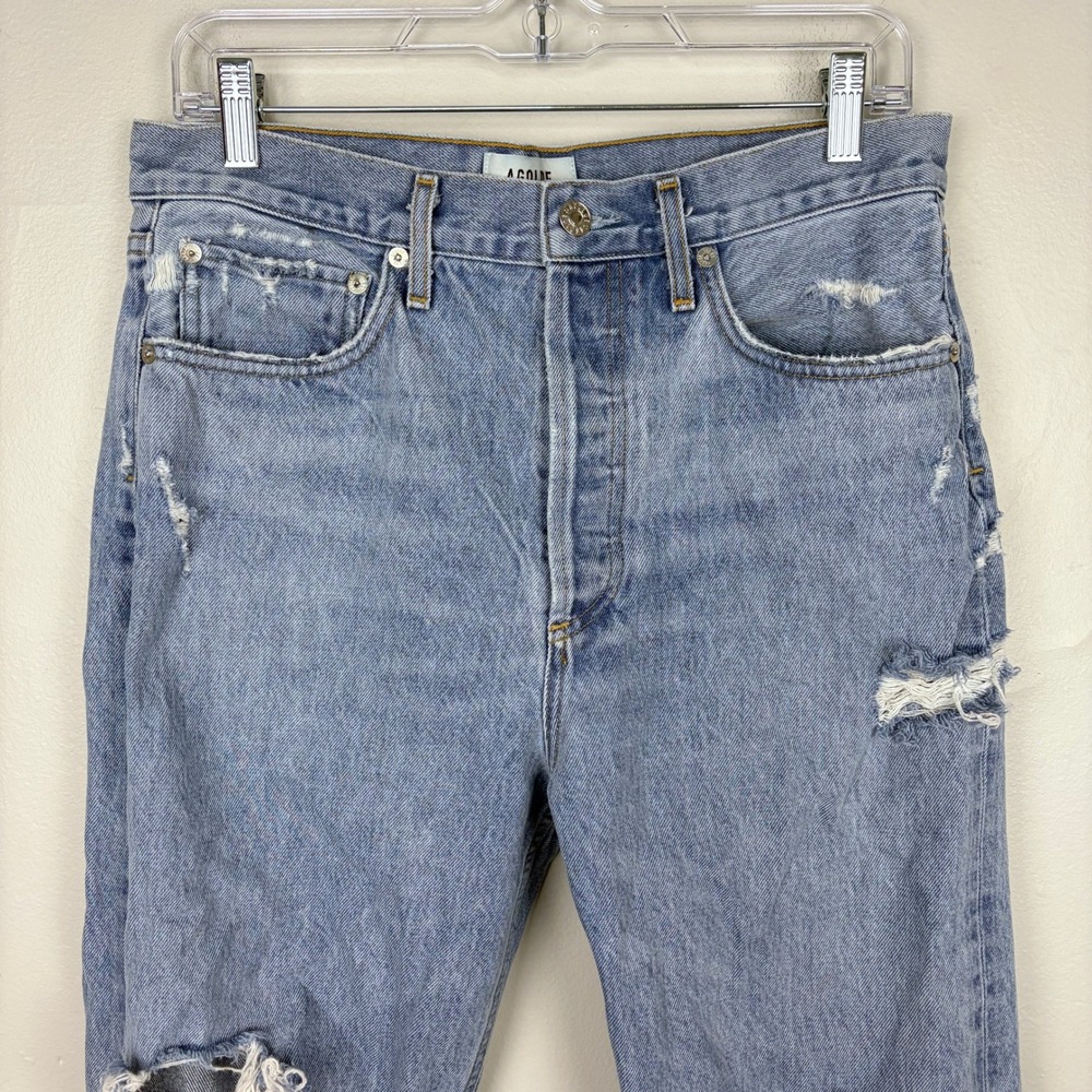 AGOLDE 90's Jean Blue Destroyed Denim Button Fly Ripped Statement Size 28 - Picture 4 of 11